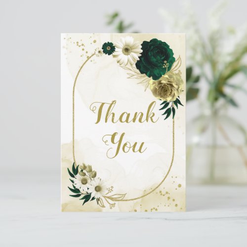 Amazing emerald green ivory gold flowers geometric thank you card