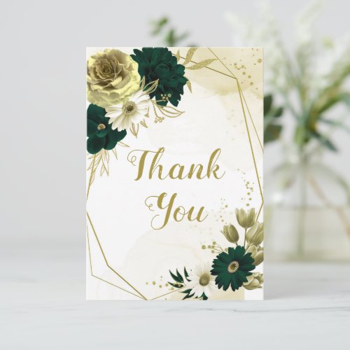 Amazing emerald green ivory gold flowers geometric thank you card