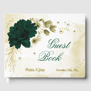 Amazing emerald green ivory gold flowers guest book