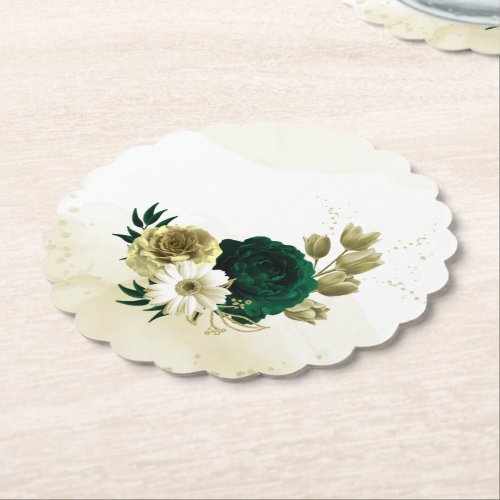 Amazing emerald green ivory gold flowers paper coaster