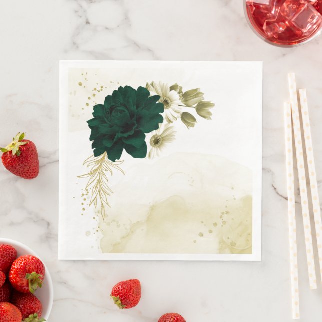 Amazing emerald green ivory gold flowers paper dinner napkins (Insitu)