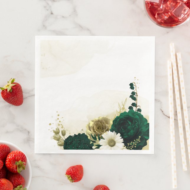 Amazing emerald green ivory gold flowers paper dinner napkins (Insitu)