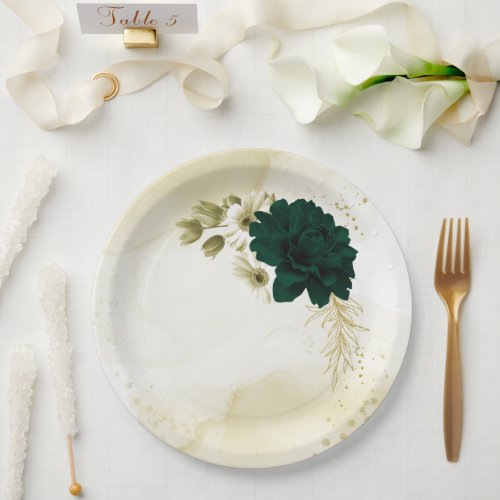 Amazing emerald green ivory gold flowers paper plates