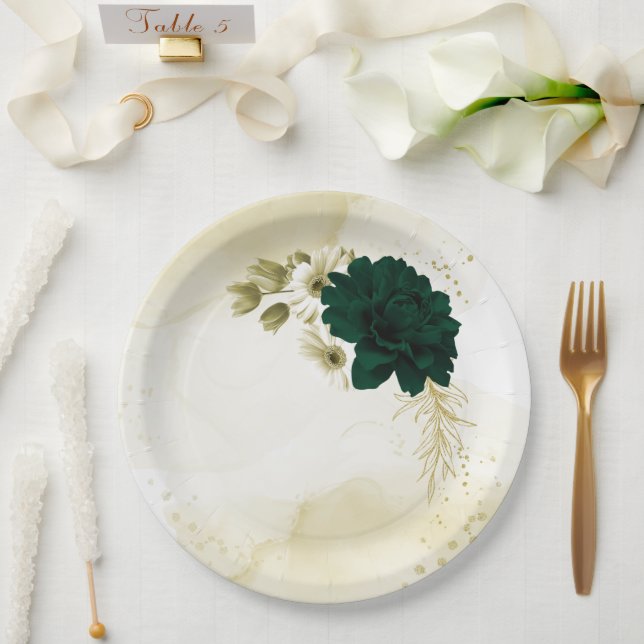 Amazing emerald green ivory gold flowers paper plates (Wedding)