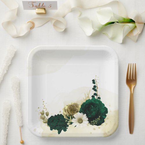 Amazing emerald green ivory gold flowers paper plates