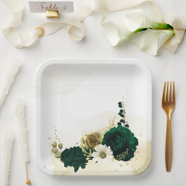 Amazing emerald green ivory gold flowers paper plates (Wedding)
