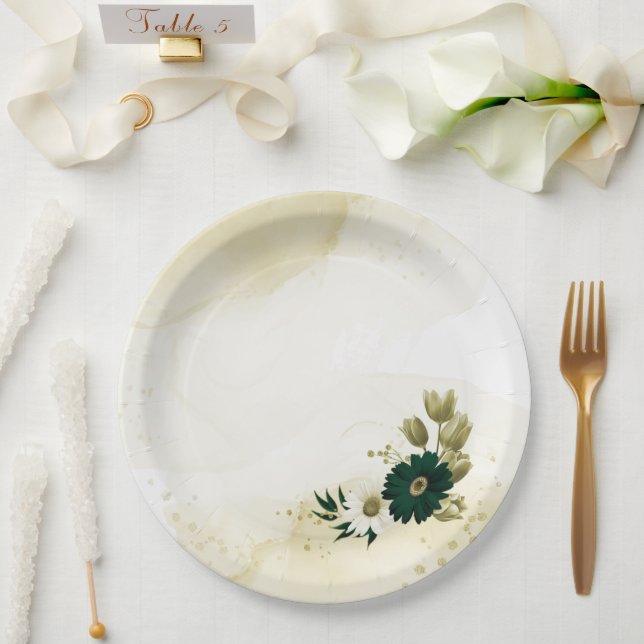 Amazing emerald green ivory gold flowers paper plates (Wedding)