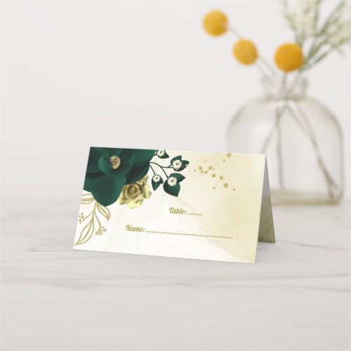 Amazing emerald green ivory gold flowers place card