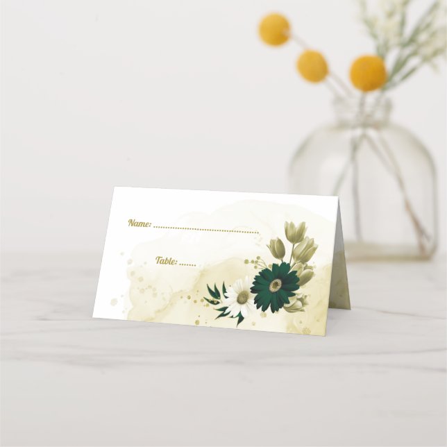 Amazing emerald green ivory gold flowers place card (Front)