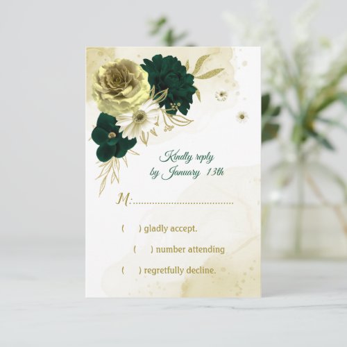 Amazing emerald green ivory gold flowers RSVP card