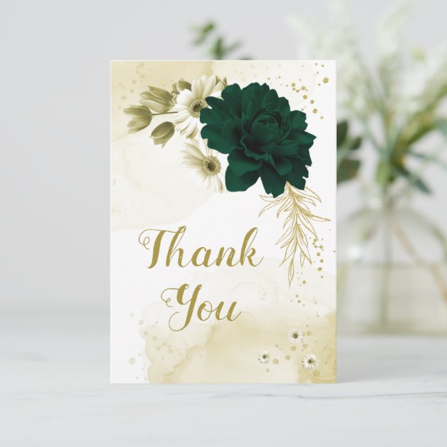 Amazing emerald green ivory gold flowers thank you card (Standing Front)