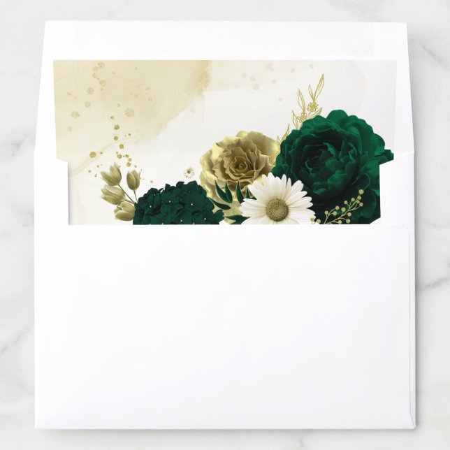 Amazing emerald green ivory gold flowers wedding envelope liner (In Envelope)