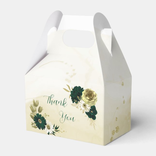 Amazing emerald green ivory gold flowers wedding favor boxes (Front Side)