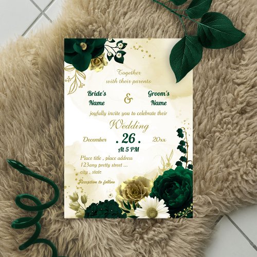 Amazing emerald green ivory gold flowers wedding invitation