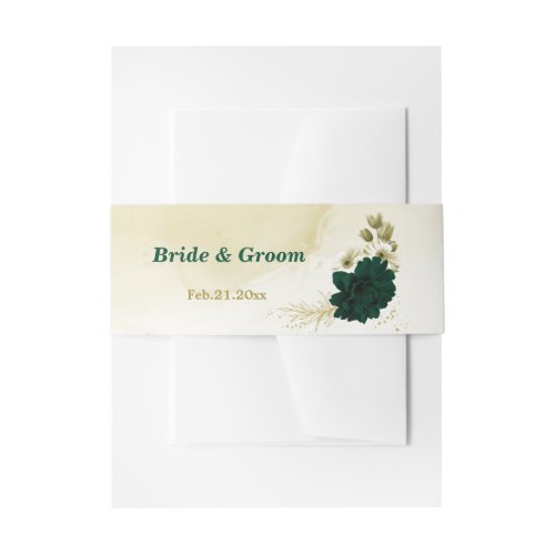 Amazing emerald green ivory gold flowers wedding invitation belly band