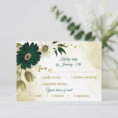 Amazing emerald ivory gold flowers meal choice RSVP card