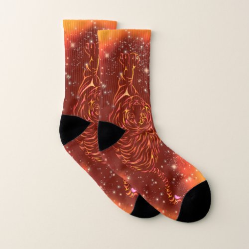 Amazing Fire Tiger Running At Galaxy Starry Night  Socks