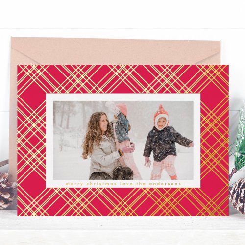 Amazing Gold Lines Christmas Gingham Photo Frame Foil Holiday Card