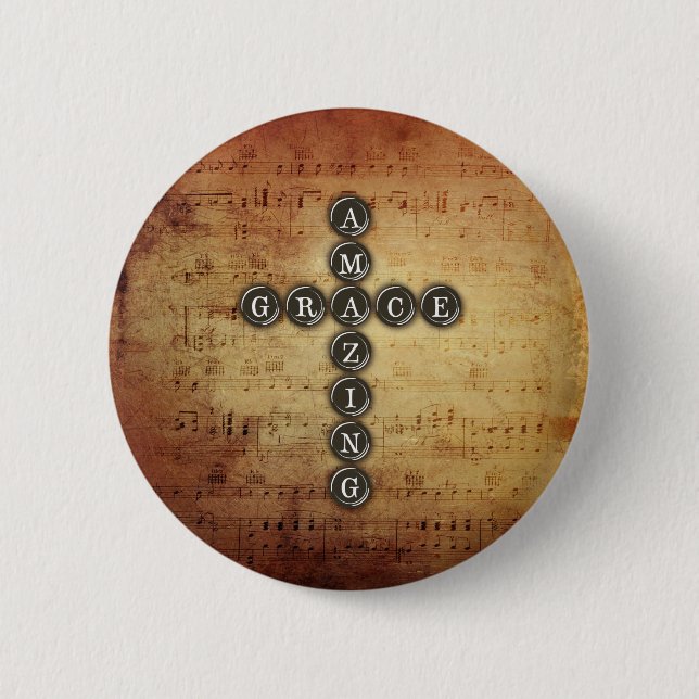 Amazing Grace Cross on Vintage Music Sheet Button (Front)