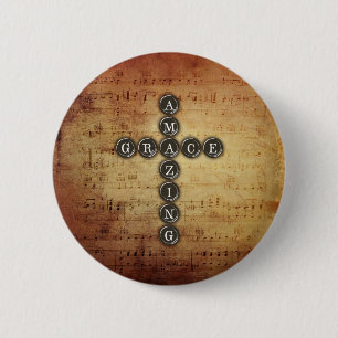 Amazing Grace Cross on Vintage Music Sheet Button