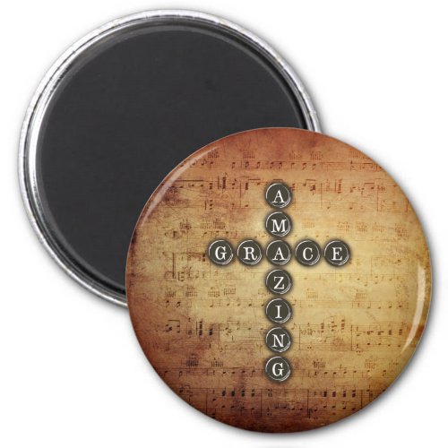 Amazing Grace Cross on Vintage Music Sheet Magnet