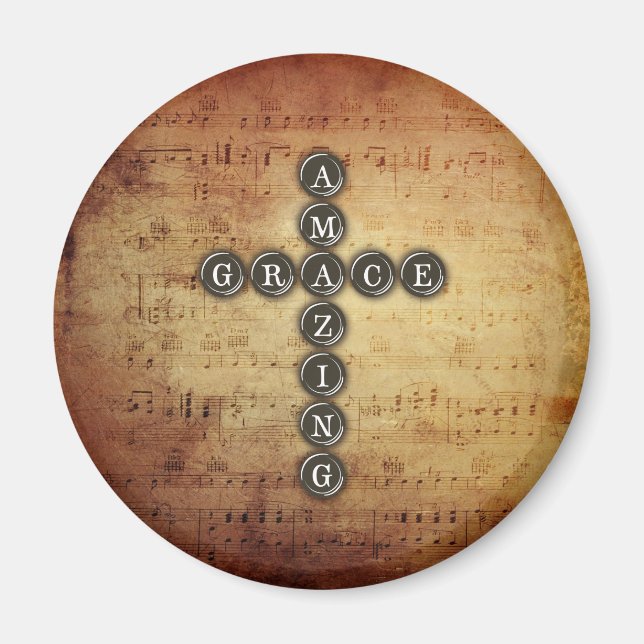 Amazing Grace Cross on Vintage Music Sheet Magnet (Front)