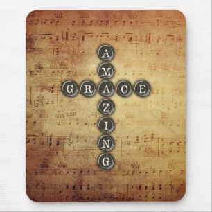Amazing Grace Cross on Vintage Music Sheet Mouse Pad