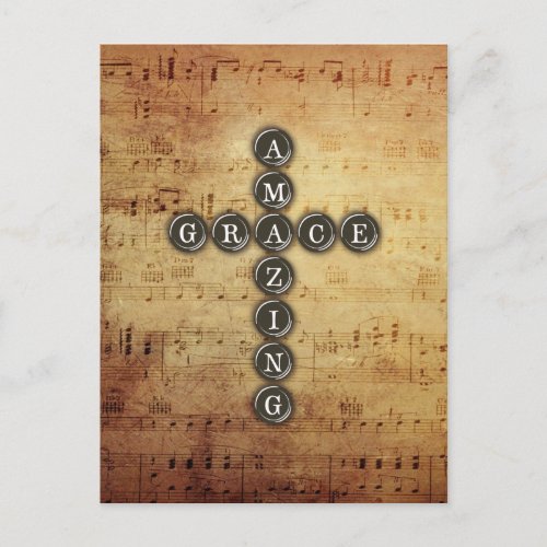 Amazing Grace Cross on Vintage Music Sheet Postcard