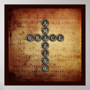 Amazing Grace Cross on Vintage Music Sheet Poster