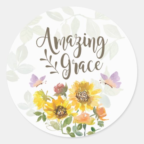 Amazing Grace Flowers and Butterflies Christian Classic Round Sticker