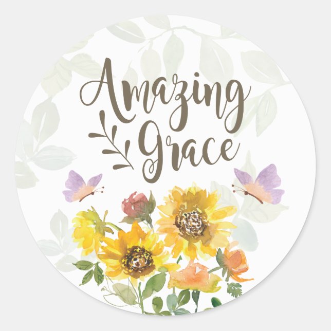 Amazing Grace Flowers and Butterflies Christian Classic Round Sticker (Front)