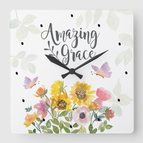 Amazing Grace Flowers and Butterflies Christian Square Wall Clock