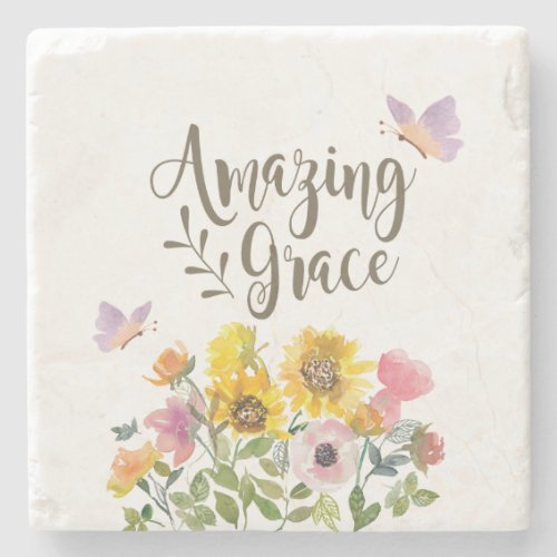 Amazing Grace Flowers and Butterflies Christian Stone Coaster