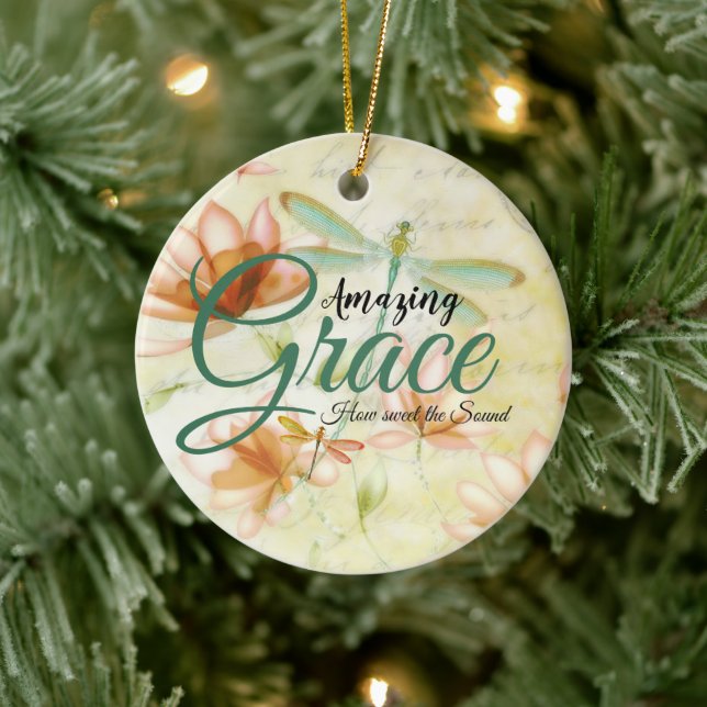 Amazing Grace Flowers and dragonfly   Ceramic Ornament (Tree)