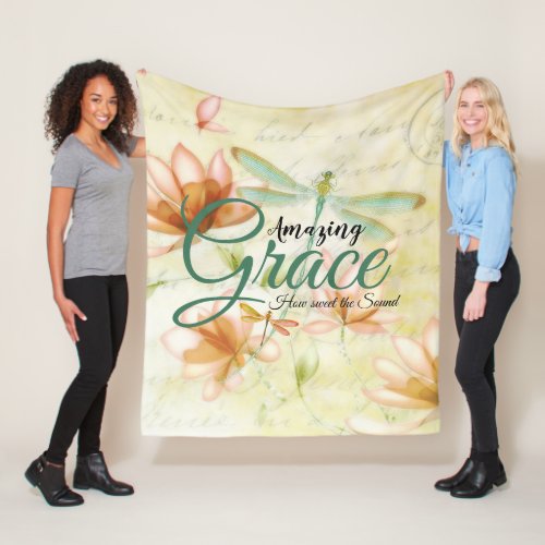 Amazing Grace Flowers and dragonfly   Fleece Blanket