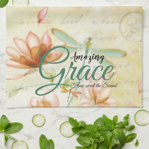 Amazing Grace Flowers and dragonfly   Kitchen Towel