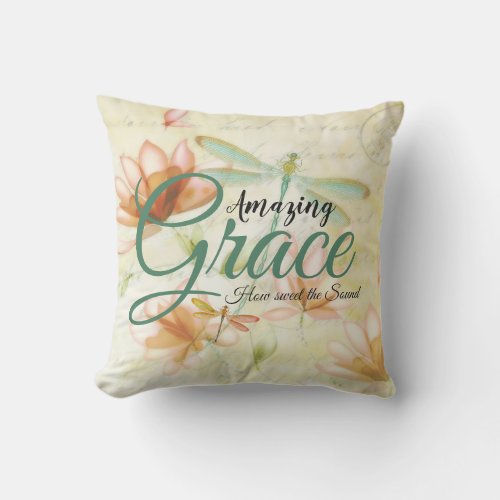 Amazing Grace Flowers and dragonfly  Outdoor Pillow