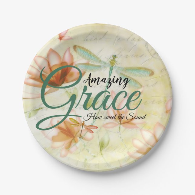 Amazing Grace Flowers and dragonfly   Paper Plates (Front)