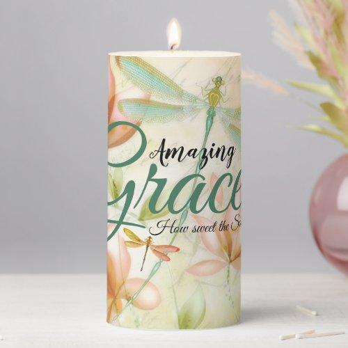 Amazing Grace Flowers and dragonfly   Pillar Candle