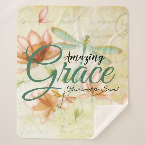 Amazing Grace Flowers and dragonfly   Sherpa Blanket