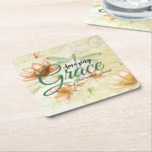 Amazing Grace Flowers and dragonfly Square Paper Coaster