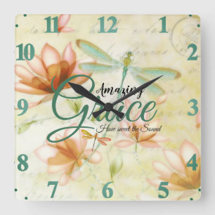 Amazing Grace Flowers and dragonfly   Square Wall Clock
