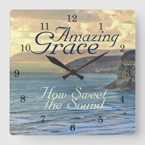 Amazing Grace Hymn Ocean Sunset Square Wall Clock
