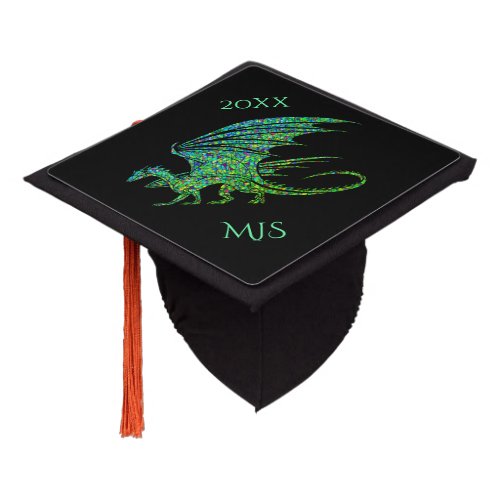 Amazing Green Mosaic Dragon Monogram Date Graduation Cap Topper