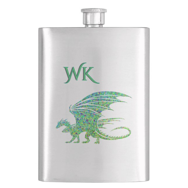 Amazing Green Mosaic Dragon Monogram  Flask (Front)