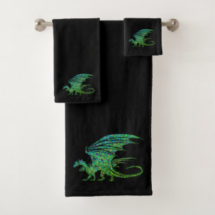 Amazing Green Mosaic Dragon on Black Bath Towel Set