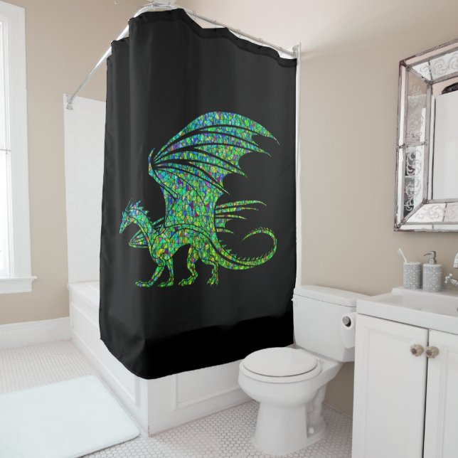 Amazing Green Mosaic Dragon on Black Shower Curtain (In Situ)