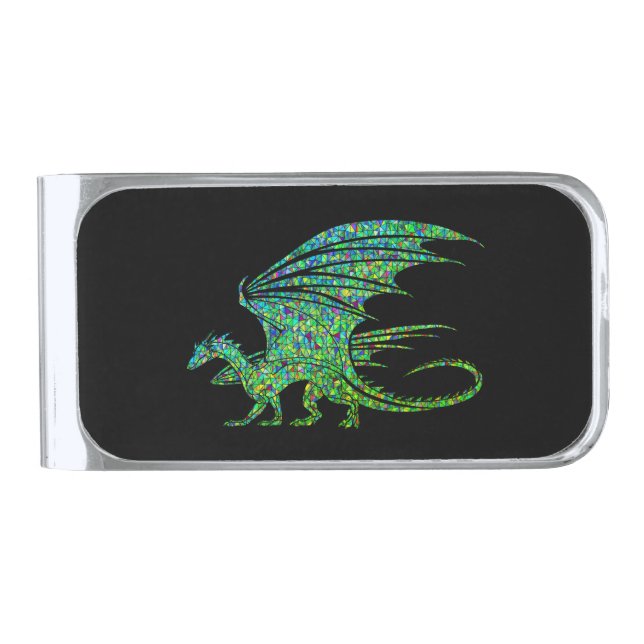 Amazing Green Mosaic Dragon  Silver Finish Money Clip (Front)