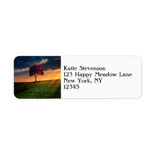 Amazing Landscape with a Red Tree at Sunset Label