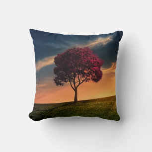 Amazing Landscape with a Red Tree at Sunset Throw Pillow